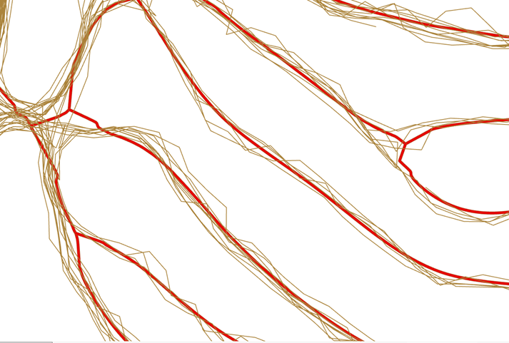 Hakkuukoneen ja kuormatraktorin reitinjäljitys kullakin ajokerralla on visualisoitu ruskealla viivalla. Punainen viiva kuvaa uudella menetelmällä laskettua ajouran keskilinjaa.